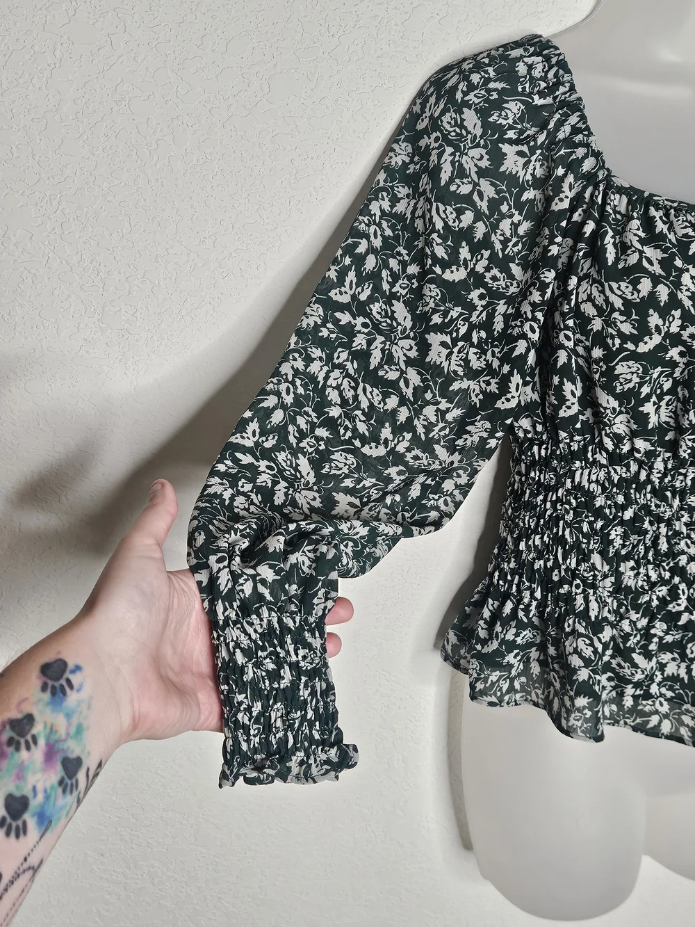 Madewell Green Floral Smocked Waist Square Neck Long Sleeve Top S Ditsy Floral